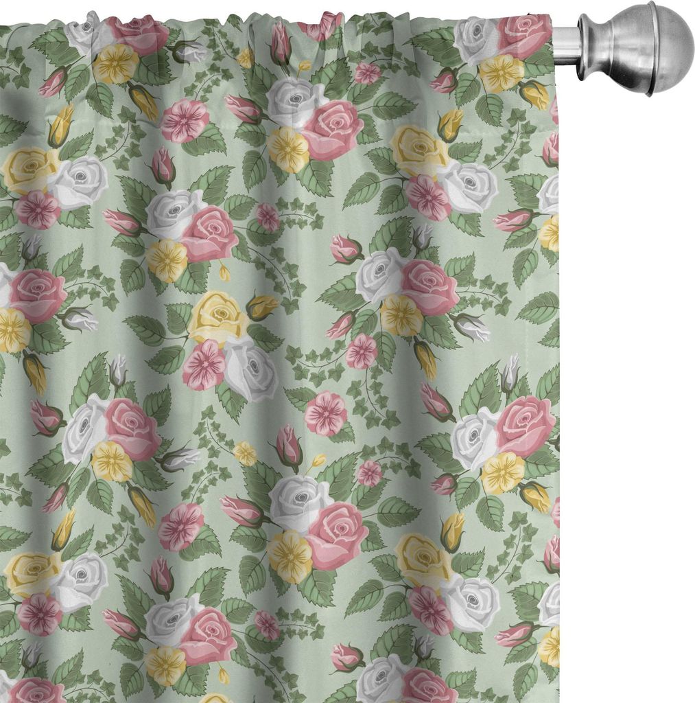 ABAKUHAUS Romantisch Vorhänge, Gardinen, Englisch Garten-Kunst-Themed Blumen Details Muster mit romantischen Rosen, 2 Stück 75 x 175 cm, Hellgrü...