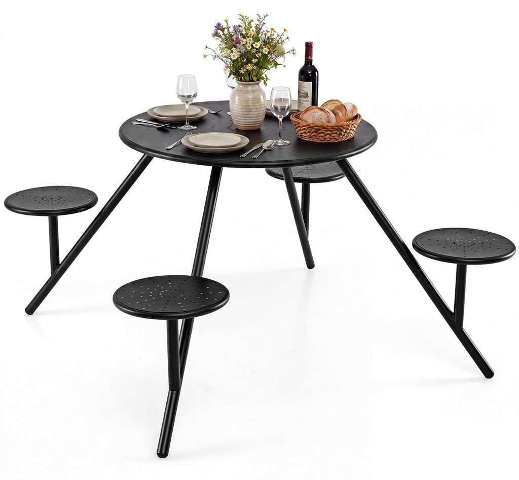 COSTWAY Picknicktisch Set für 4 Personen, Gartentisch aus Metall mit Schirmloch, Terrassenmöbel, Gartenmöbel, Sitzgruppe, Sitzgarnitur