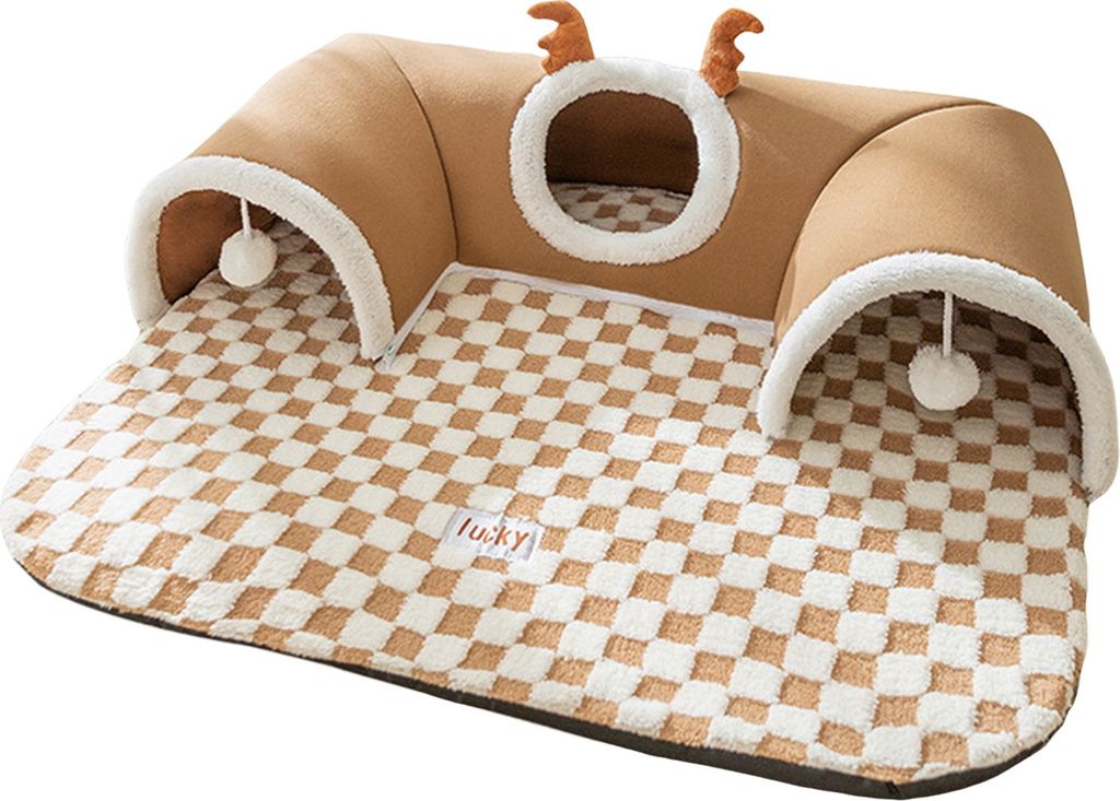 Katzentunnelbett für den Innenbereich, warmes Geweih, Katzen-Guckhöhle, Nest, Katzenröhre mit Plüschball-Spielzeug, abnehmbares Kleintierhaus f...