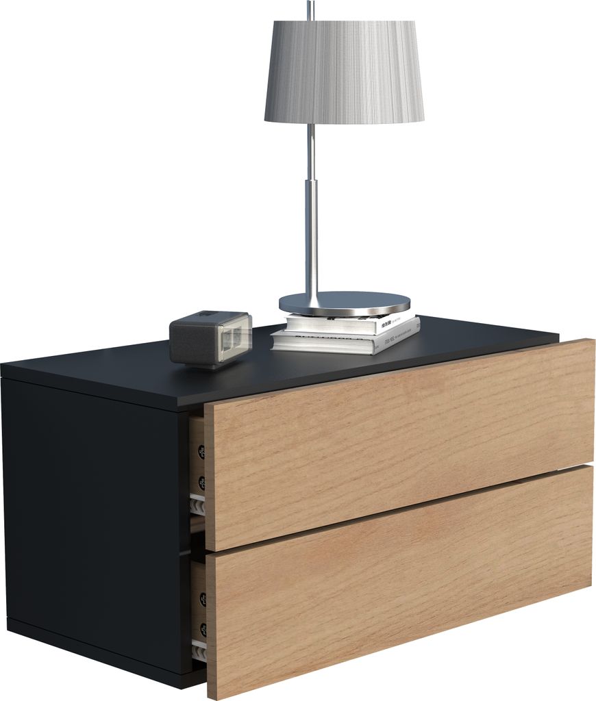A modern black and wood tone nightstand with two drawers, a lamp, and a small digital clock on top.