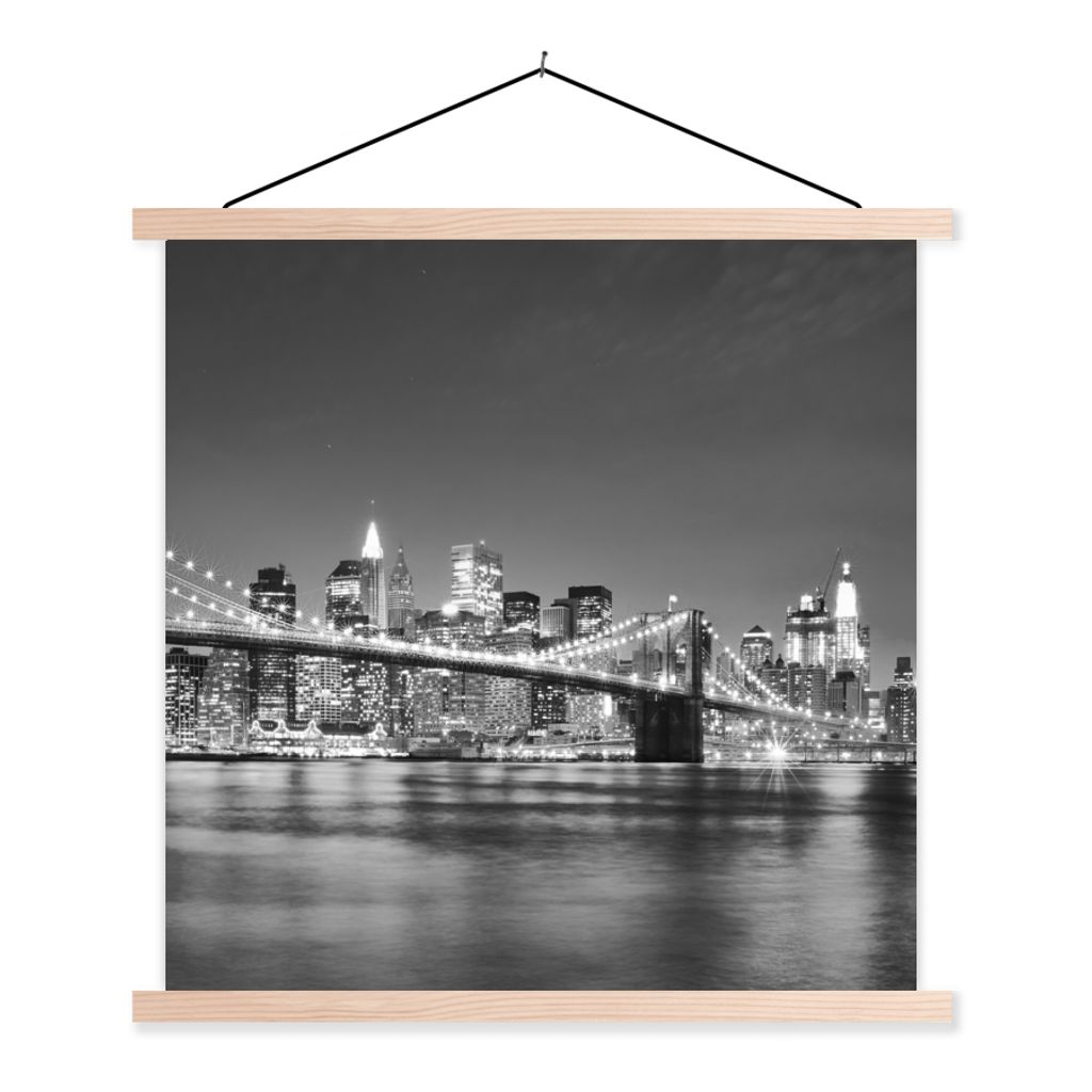 MuchoWow Textilposter New York - Brücke - Brooklyn - Schwarz und weiß - Architektur 60x60 cm mit holzfarbenen Rahmen - Wanddekoration