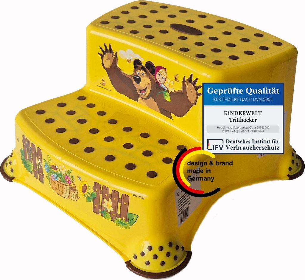 KiNDERWELT Premium zweistufiger Tritthocker für Kinder und Babys, gelb, Tritthocker 2 Stufen für Kleinkinder ab 3 Jahren, abwischbar, rutschfest ...