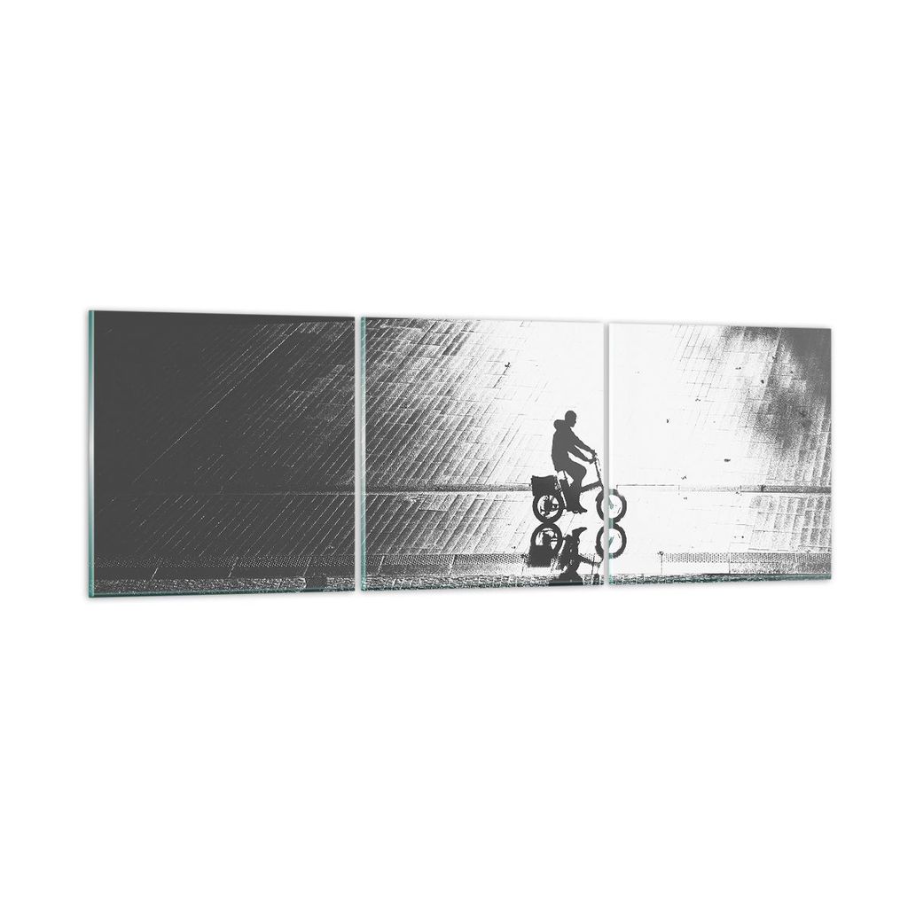 Bilder auf glas - 3 Teile - Schwarzweiß Radfahrer Einsamkeit - 120x40cm - Glasbilder - Wandbilder - Bilder - Wanddekoration aus Glas - Glas Bilder...