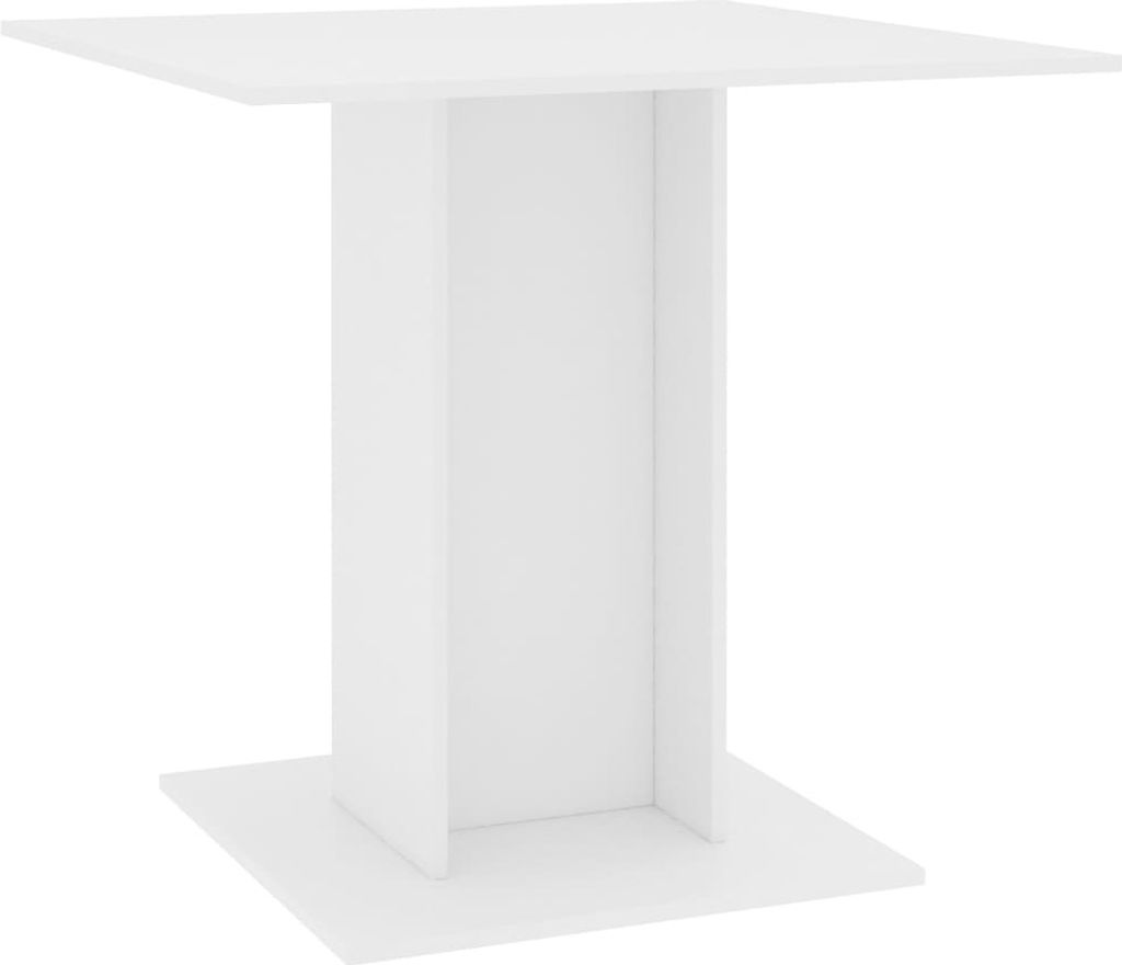 A white square dining table with a pedestal base, shown against a white background.