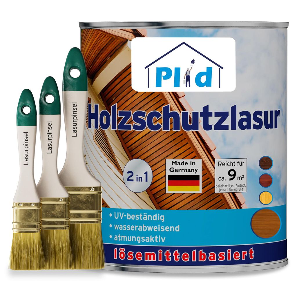 Plid Holzlasur 0,75l Teak für ca. 9m² + Lasurpinselset 3-tlg. / Holzschutz für Holzmöbel, Zäune, Türen & Gartenholz / Holzschutzlasur