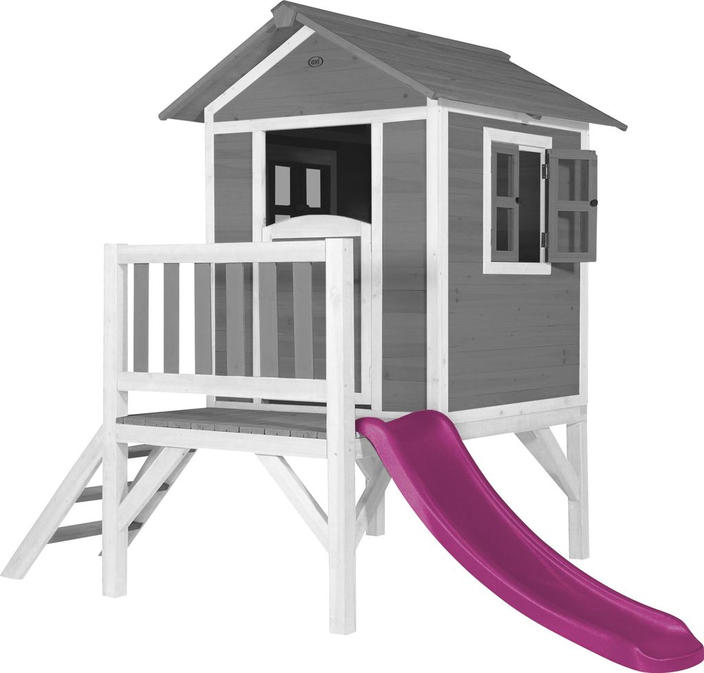 AXI Spielhaus Beach Lodge XL in Grau mit Rutsche in Lila | Stelzenhaus aus Holz für Kinder | Kleiner Spielturm für den Garten