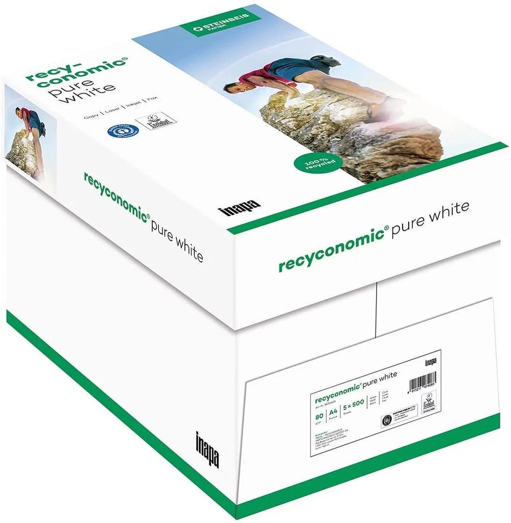 inapa Recycling-Papier, Druckerpapier Recyconomic PureWhite 80 g/qm DIN-A4, 5x500 Blatt, ungestrichen, matt, weiß