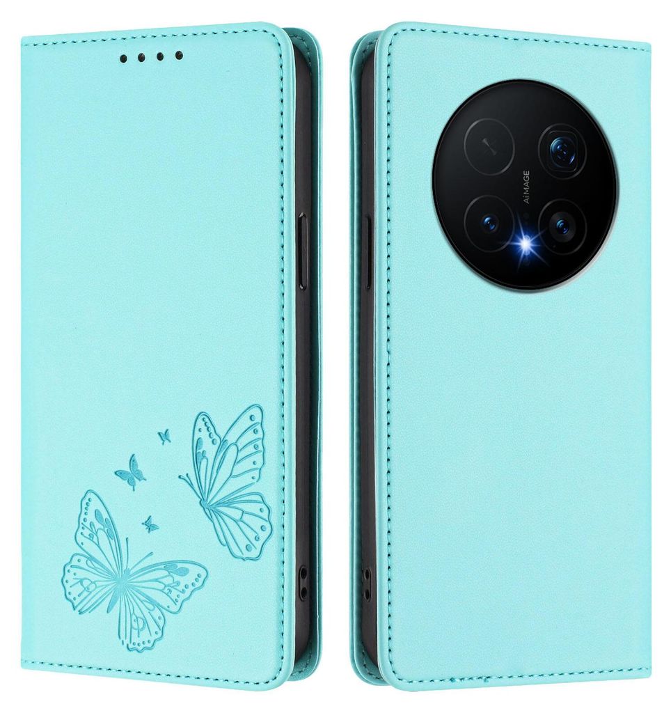 Lederhülle für Honor Magic8 Pro, Schmetterling Prägung Leder Brieftasche Schutzhülle mit Ständer Türkis