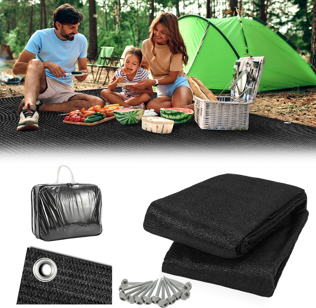 Aopunly Vorzeltteppich 250x500cm Zeltteppiche mit 13 Nagel und 12 Löchern Camping teppich HDPE Zeltunterlage, Schwarz