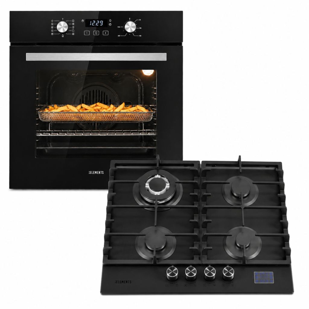 KB ELEMENTS Herdset Autark Gaskochfeld 60 cm 4 Brenner + Einbaubackofen 60 cm, Air Fry, Steam Clean, Heißluft, Gas-Stop-Timer, A+