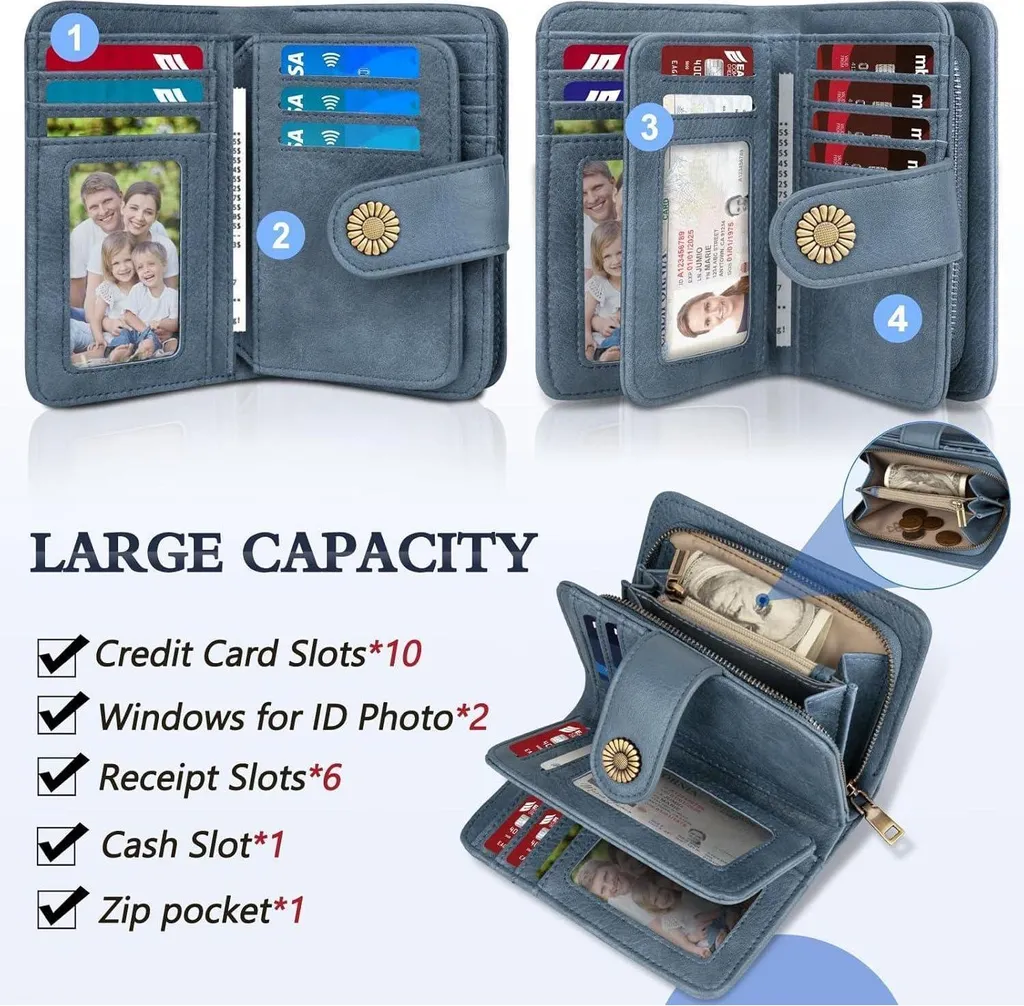 Portefeuille femme anti-piratage RFID grand format vintage bleu - 3