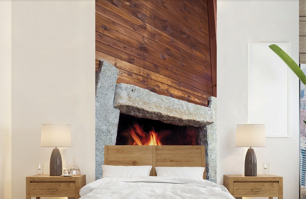 MuchoWow Fototapete für Wohnzimmer oder Schlafzimmer Wandtapete Vinyl Motivtapete Kamin aus Stein - 120x240 cm - Hintergrundbild