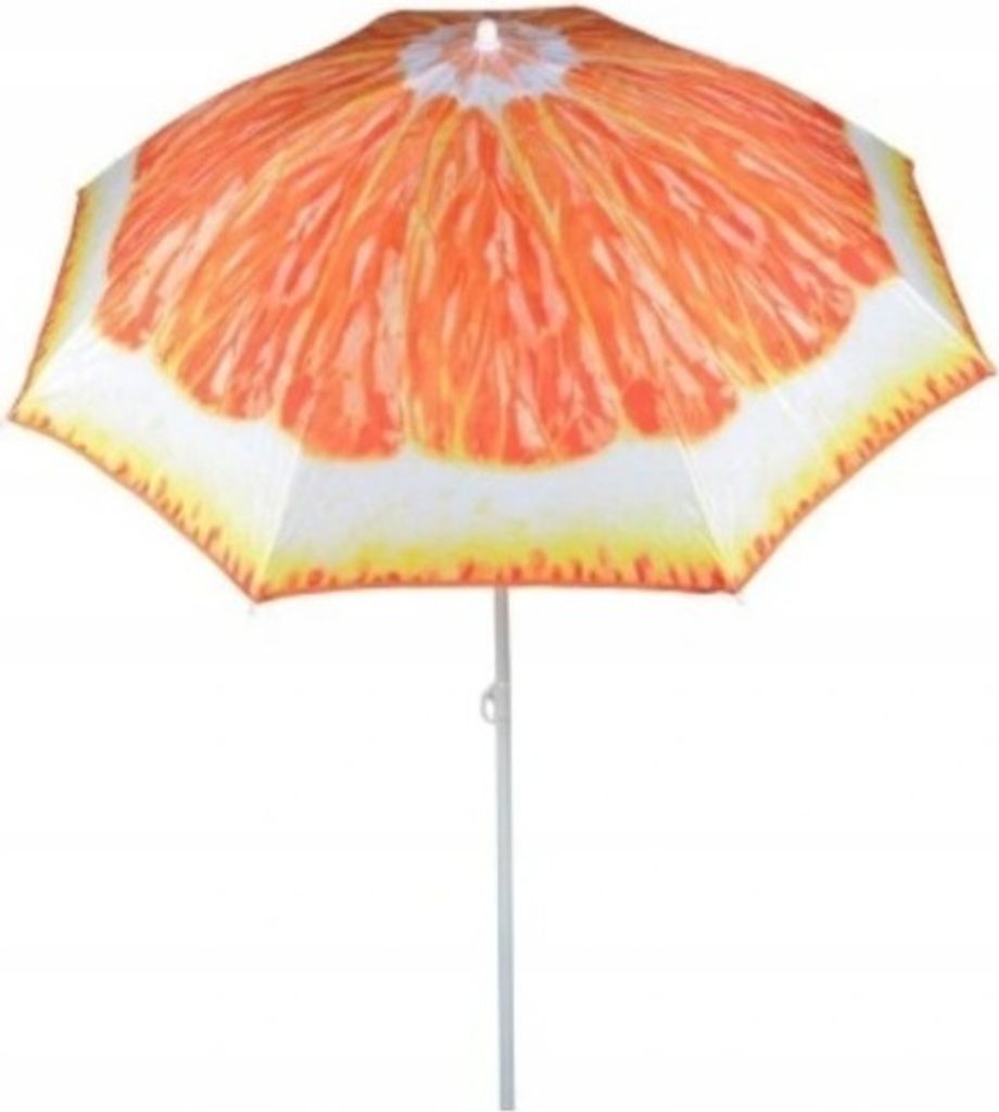 A beach umbrella with a grapefruit slice pattern.
