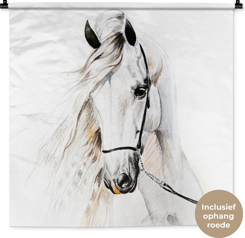 MuchoWow Wandteppich Wandbehang Pferd - Aquarell - Tiere - Weiß 90x90 cm Tapisserie Dekoration Wandtuch - Wandaufhänger
