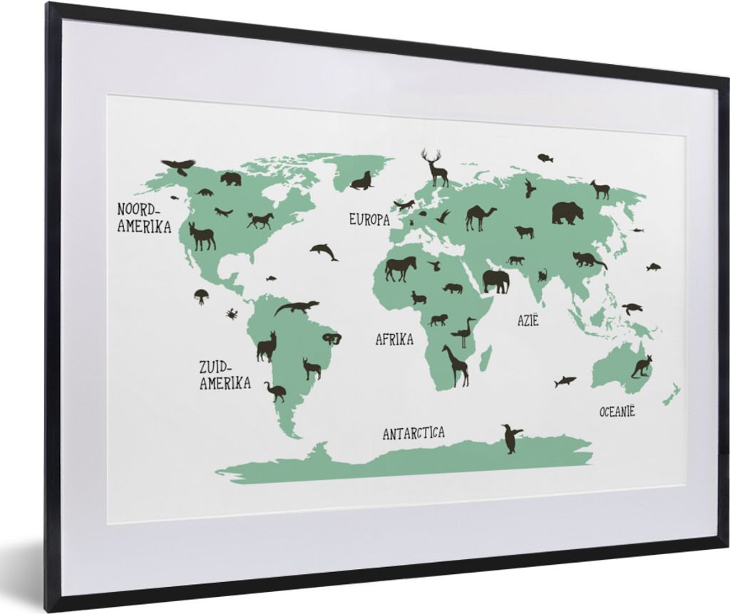MuchoWow Gerahmtes Poster Weltkarte - Kinder - Tiere - Grün - Junge - Mädchen 60x40 cm - Poster mit Schwarzem Bilderrahmen Wandposter Rahmen Fo...