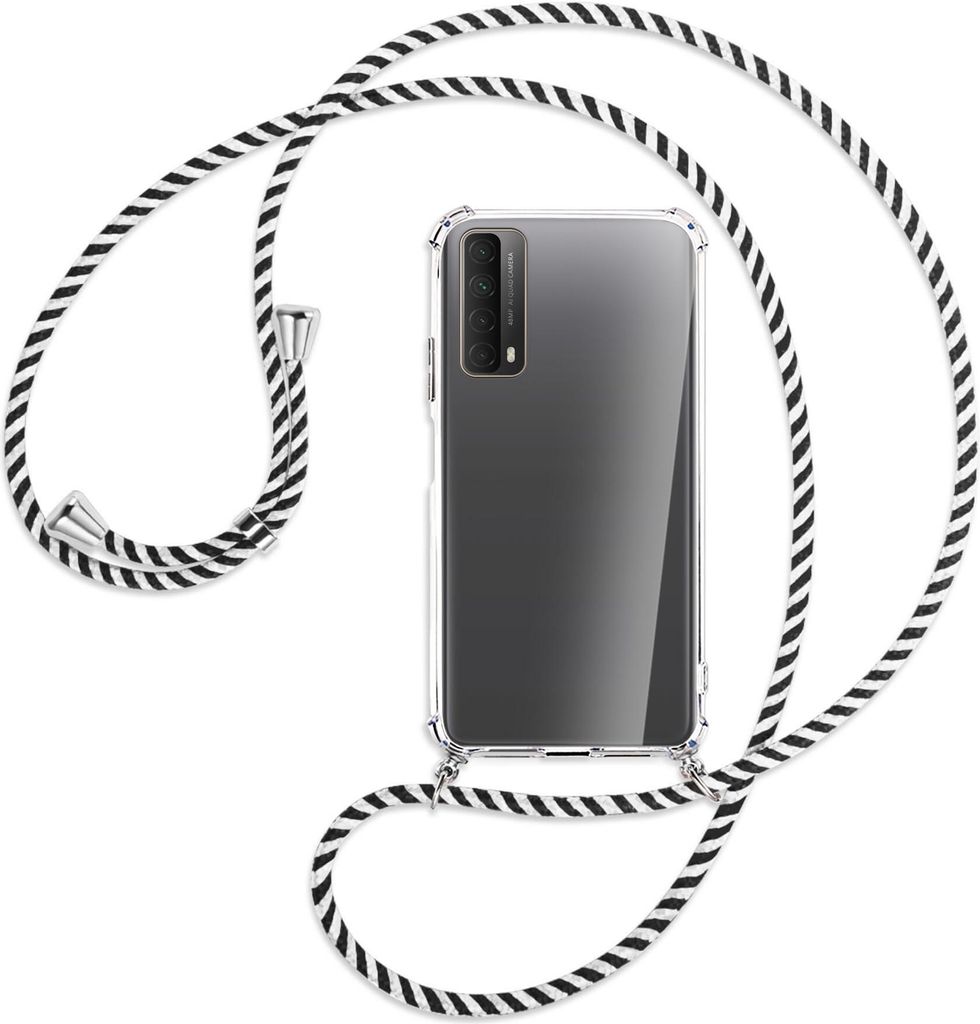 Handykette Backcover-Schutzhülle mit Band (Metall silberfarben) für Huawei P smart 2021 - schwarz/weiß gestreift