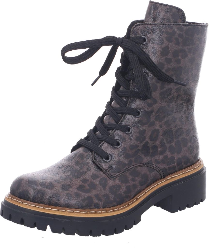 A single brown leopard print boot with black laces and a black sole is shown against a white background.