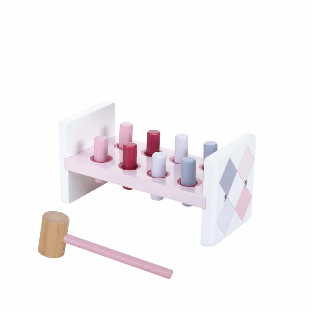 Jouet à Marteler en Bois Rose Banc de Frappe avec 8 Chevilles Jipy