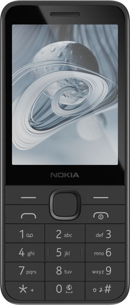 A front view of a black Nokia 215 4G (2024) feature phone.