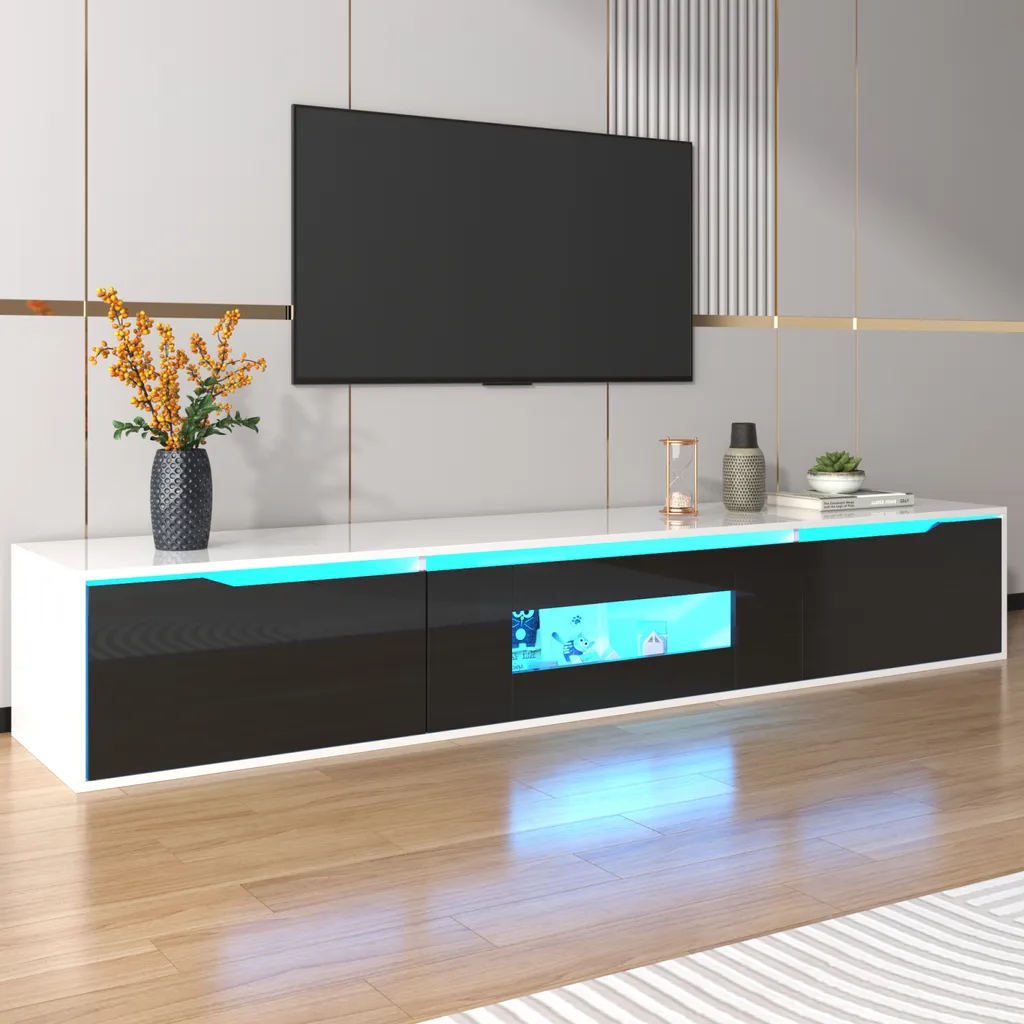 mobile TV da 180 cm, con illuminazione LED cambia colore, ante a ribalta, laccato. Mobile TV sospeso, stile moderno - nero