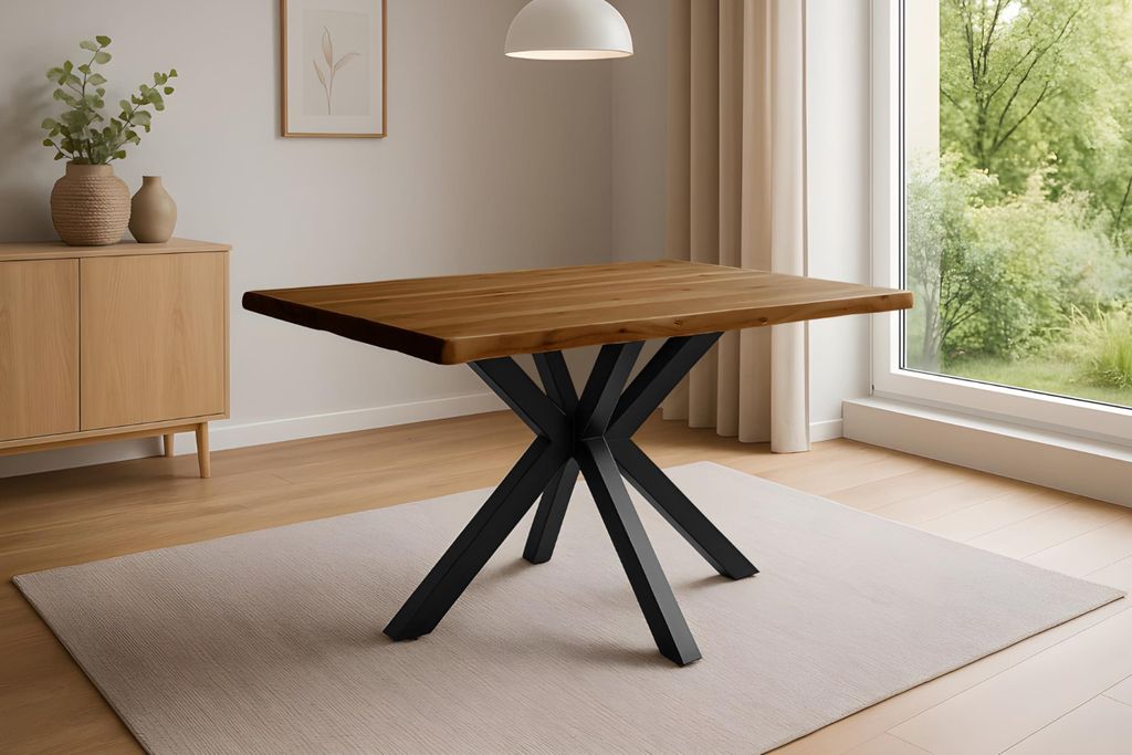 Esstisch Harley | 140 x 80 cm | Akazienholz massiv | Farbe: Honig | echte Baumkante | Spider-Gestell Metall Schwarz | pflegeleichter Baumkantentisc...
