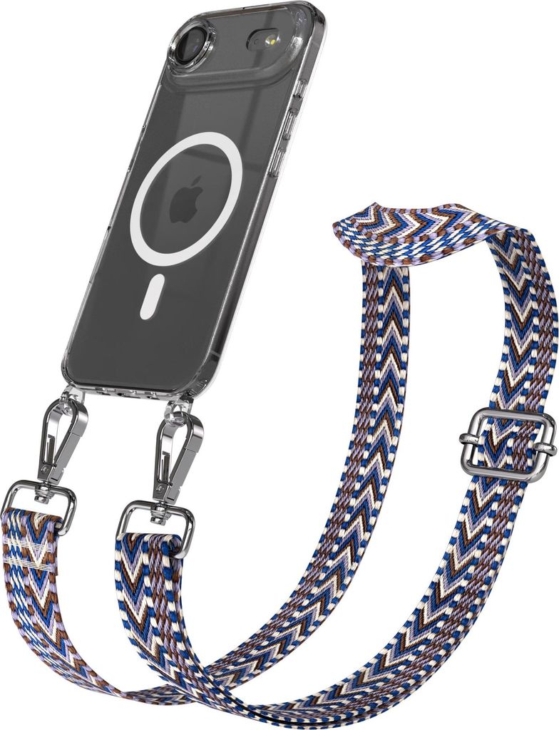 EAZY CASE - Handykette mit MagSafe Hülle für Apple iPhone Air, Handyband ZigZag Style, Karabiner Silber, Umhängeband in Blau