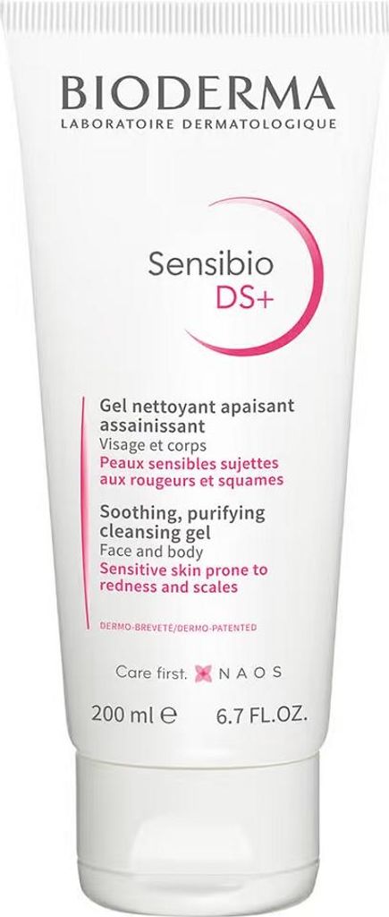 A white tube of Bioderma Sensibio DS+ cleansing gel against a white background.