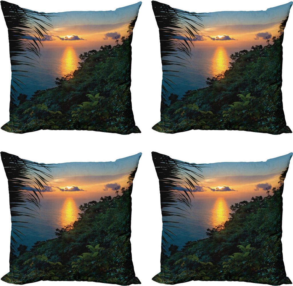 ABAKUHAUS Regenwald Kissenbezug Set (4 Stück), Sonnenaufgang auf dem Ocean Meer, Moderner Doppelseitiger Digitaldruck, 40 cm x 40 cm, Grün Blau O...