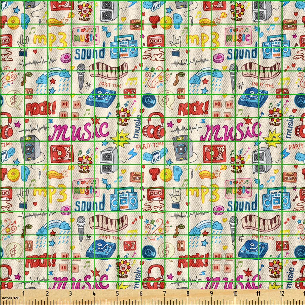ABAKUHAUS Musik Microfaser Stoff als Meterware , Retro Pop-Art-Art-Musik-Ikonen-Kassetten-Tonplatten-Platten-Kopfhörer DJ-Kinderbild, 10 M (230 x ...