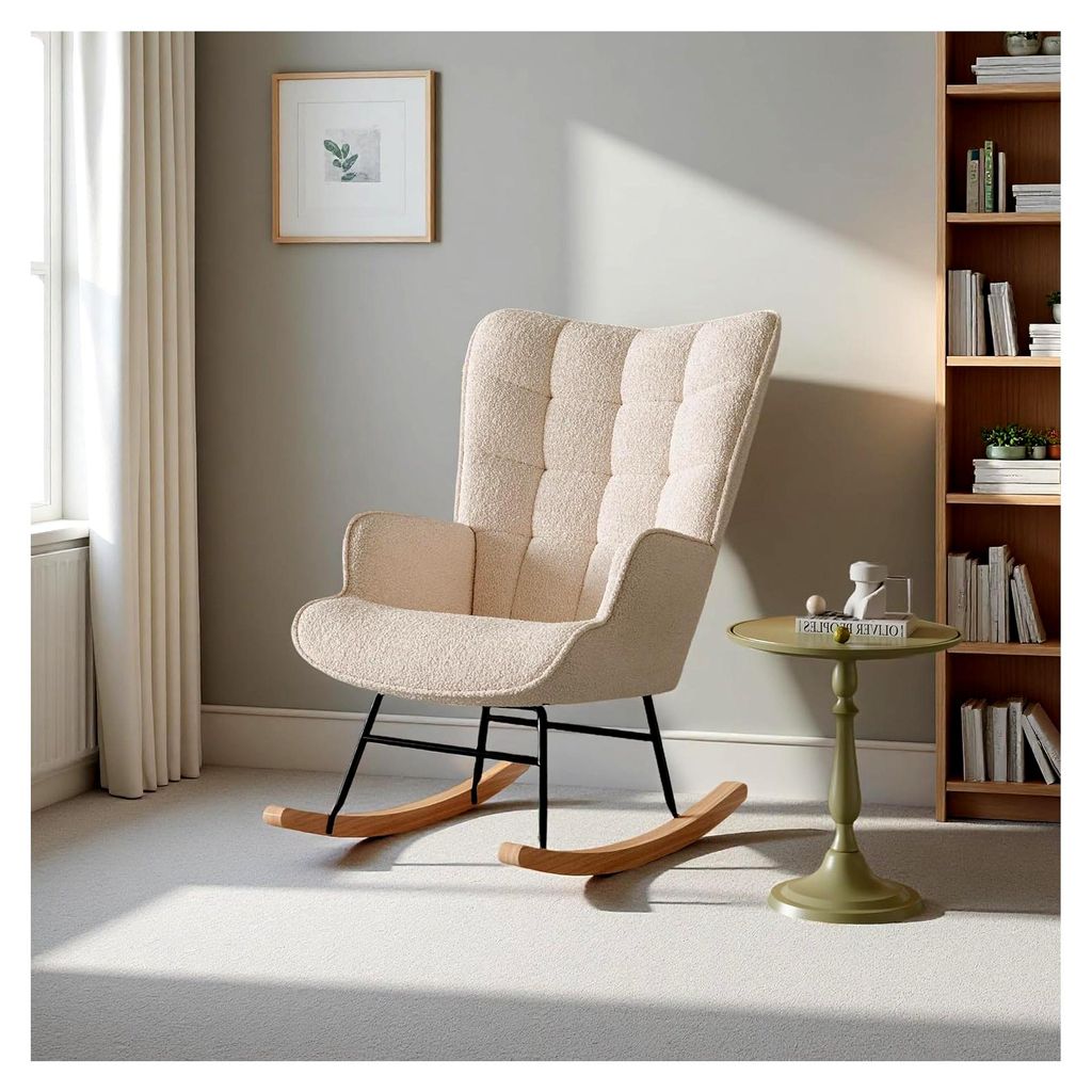 Teddy-Stoff Schaukelsessel, Stillsessel mit hoher Rückenlehne und Armlehnen, ergonomischer Relaxsessel für Schlafzimmer (Beige)