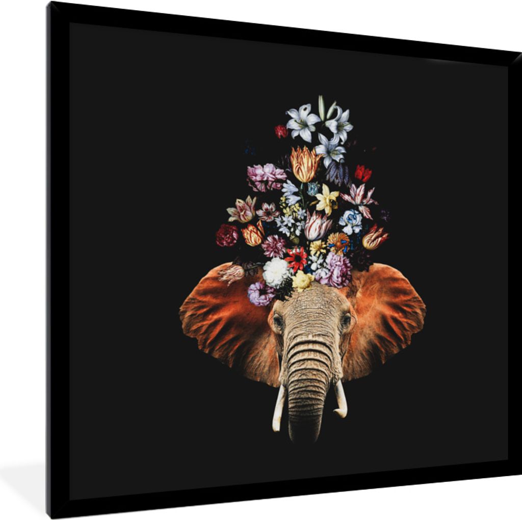 MuchoWow MuchoWow Gerahmtes Poster Elefant - Blumen - Farben 40x40 cm - Poster mit zchwarzem Bilderrahmen - Mit Rahmen - Wanddekoration Schlafz...