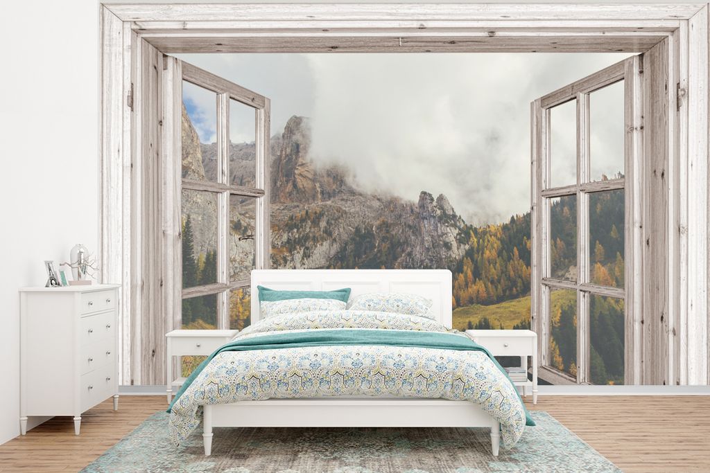 MuchoWow Fototapete für Wohnzimmer oder Schlafzimmer Wandtapete Vinyl Motivtapete Aussicht - Berg - Herbst - 295x220 cm - Wand Tapete