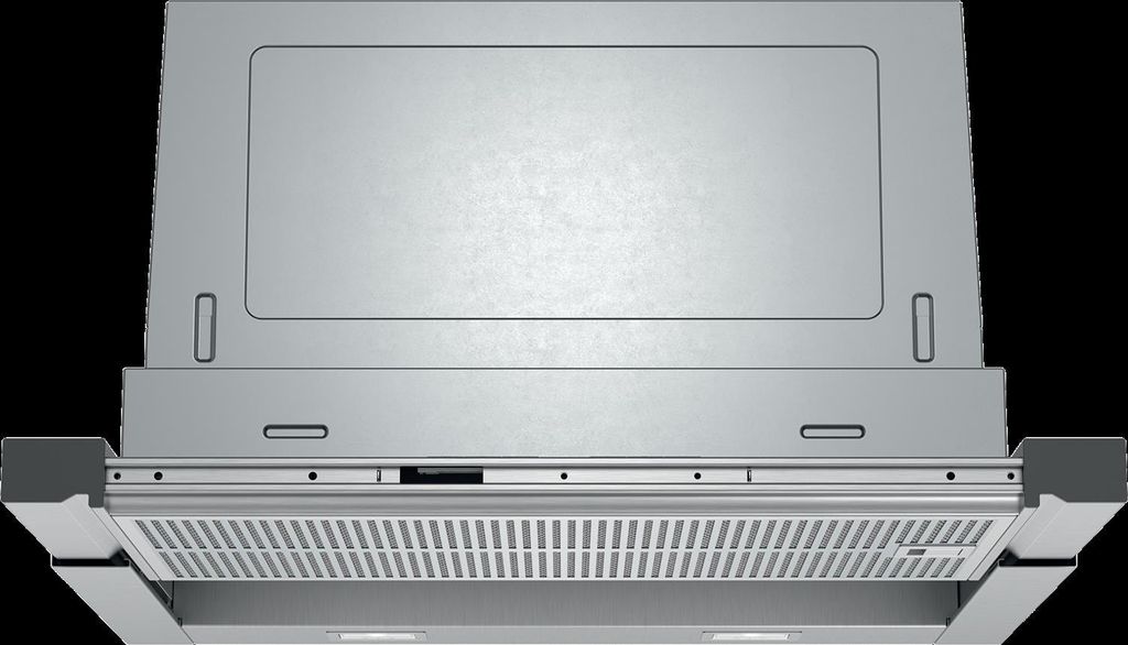 A top-down view of a stainless steel range hood.