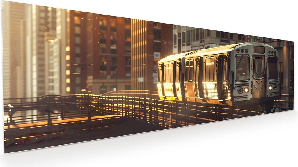 Glasbild 120x40cm in XXL für Wohnzimmer, Schlafzimmer Motiv Stadtzug Sonnenuntergang
