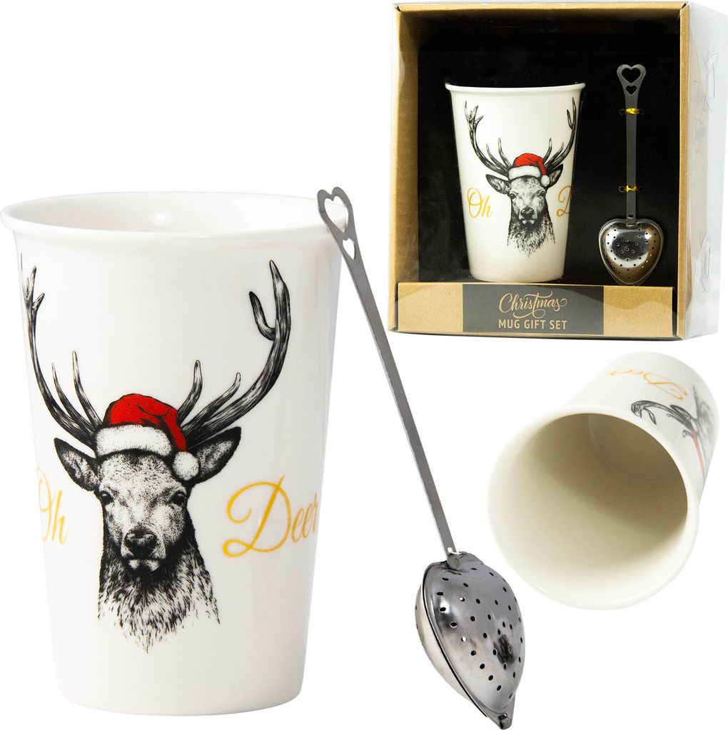 Weihnachts-Porzellanbecher + Teelöffelhalter zum Verschenken