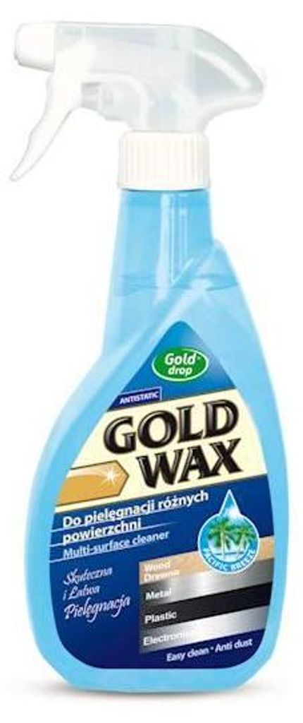 A blue spray bottle of Gold Wax multi-surface cleaner against a white background.