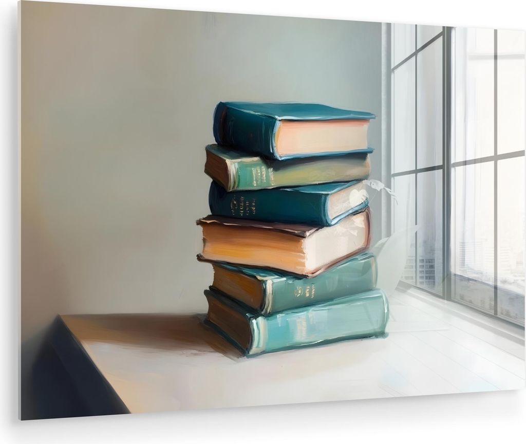 MuchoWow Glasbilder - Bilder auf Wandbild - Foto auf Glas Stapel - Bücher - Grün - Tageslicht 120x80 cm Wanddekoration aus Glas - Acrylglasbild -...