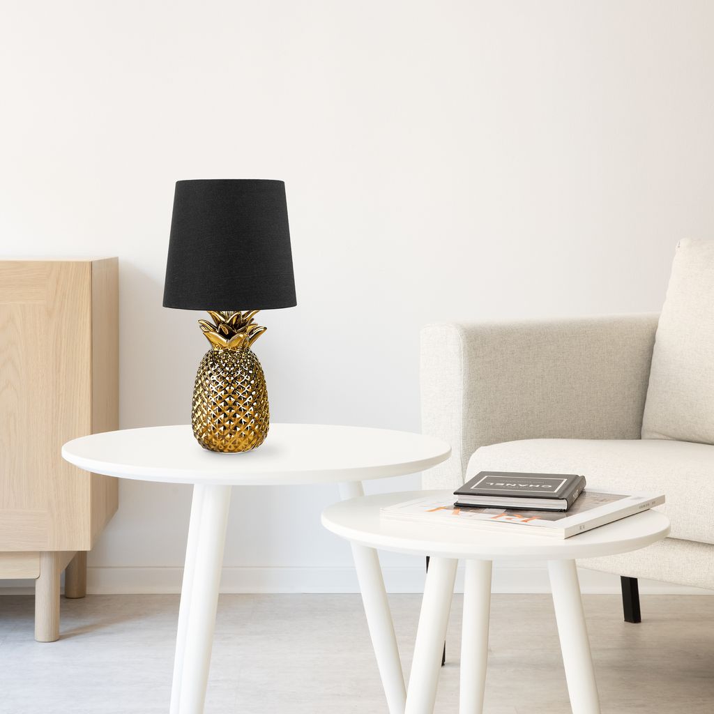 navaris tischlampe im ananas design - 35cm hoch - deko keramik lampe für  nachttisch oder beistelltisch - dekolampe mit e14 gewinde in gold-schwarz