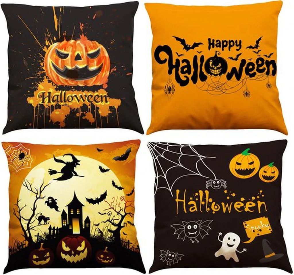 Unyqoos Set mit 4 Halloween Kissenbezügen in Orange und Schwarz mit einzigartigen Motiven für drinnen und draußen