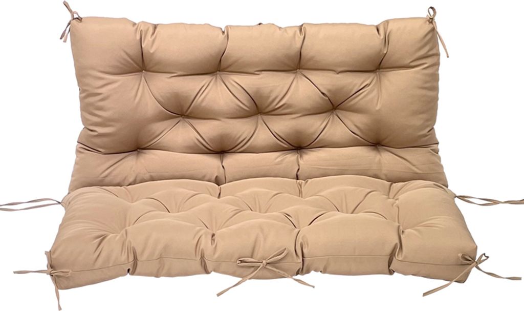 A taupe-colored bench cushion with tufted detailing and ties, shown against a white background.