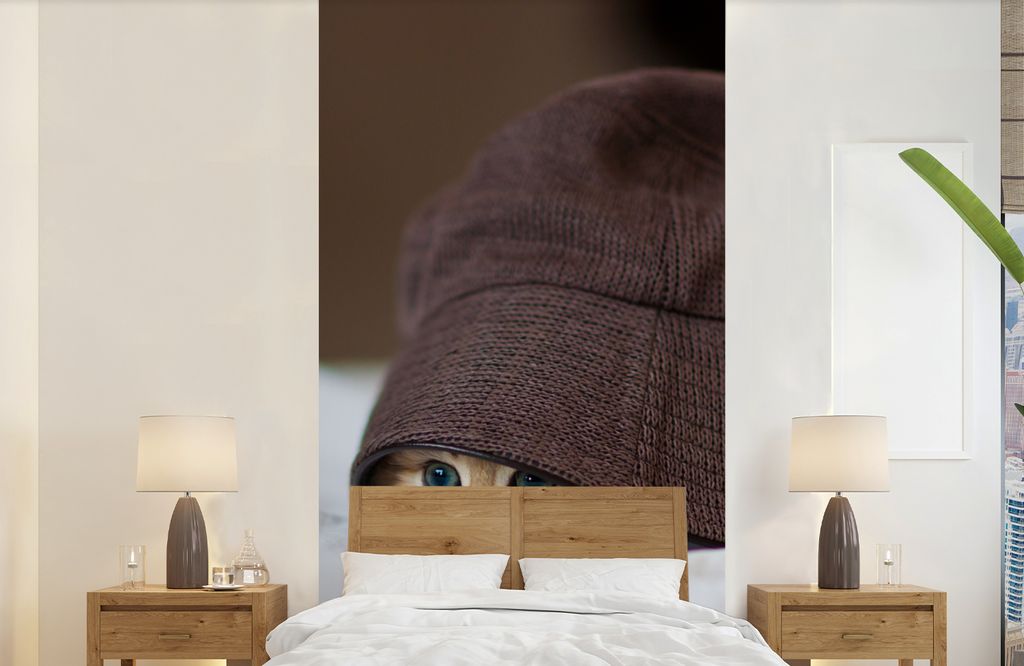 MuchoWow Fototapete für Wohnzimmer oder Schlafzimmer Wandtapete Vinyl Motivtapete Ein persisches Kätzchen, versteckt unter einem Hut - 120x240 ...