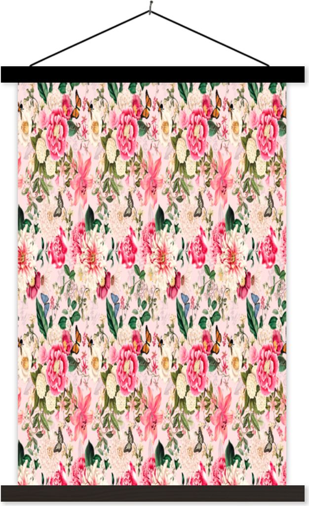 MuchoWow Textilposter Blumen - Lilie - Rosa - Schmetterling 120x180 cm mit schwarzem Rahmen - Fotos