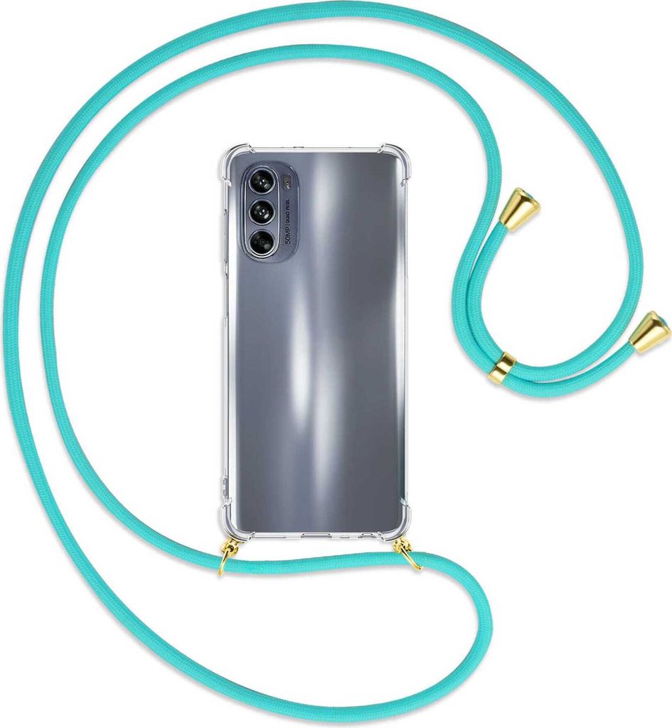 Handykette Backcover-Schutzhülle mit Band (Metall goldfarben) für Motorola Moto G62 5G (6.5'') - türkis