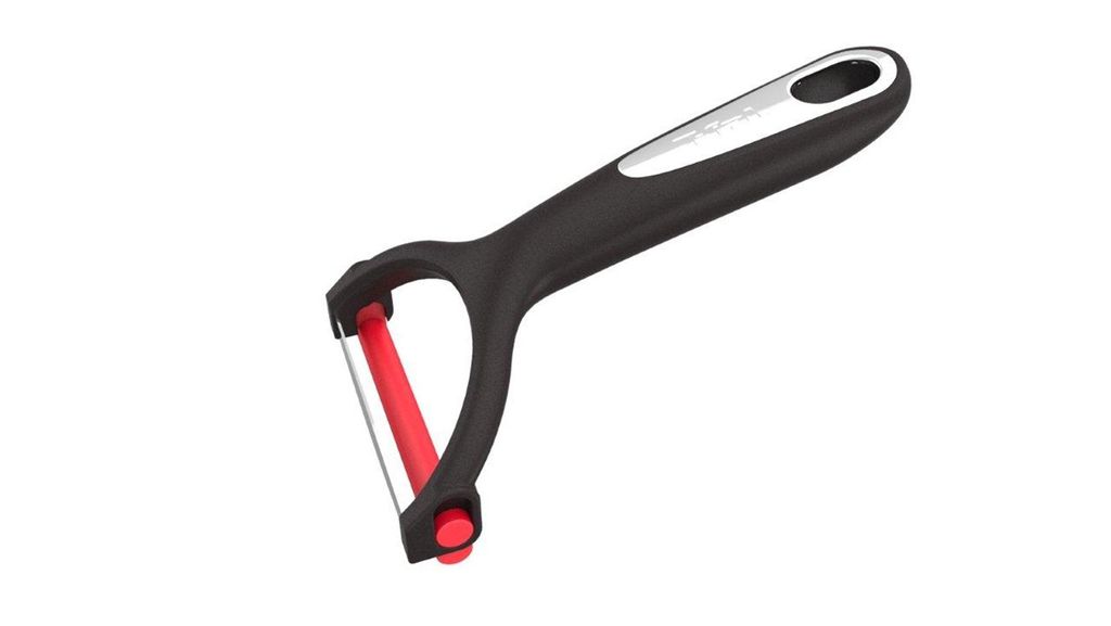 A black and red peeler is shown against a white background.