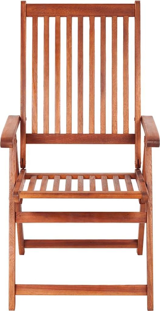 A wooden garden chair is shown from the front against a white background.