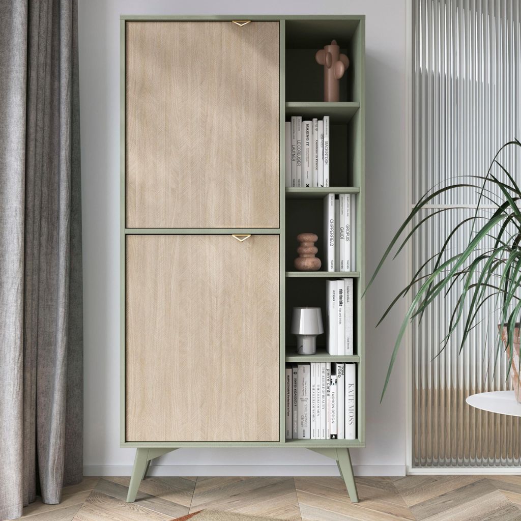 Komodee, Stehregal Hoch TOFINO - Eiche - Grün - Metallgriffe - Breite 80 cm, Höhe 160 cm, Tiefe 38 cm