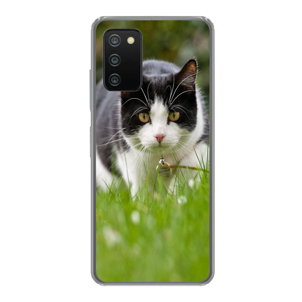 MuchoWow Handyhülle Schutzhülle Hülle für Samsung Galaxy A03s Katze - Gras - Schwarz - Weiß - Mädchen - Kinder - Jungen - Kinder Silikon So...