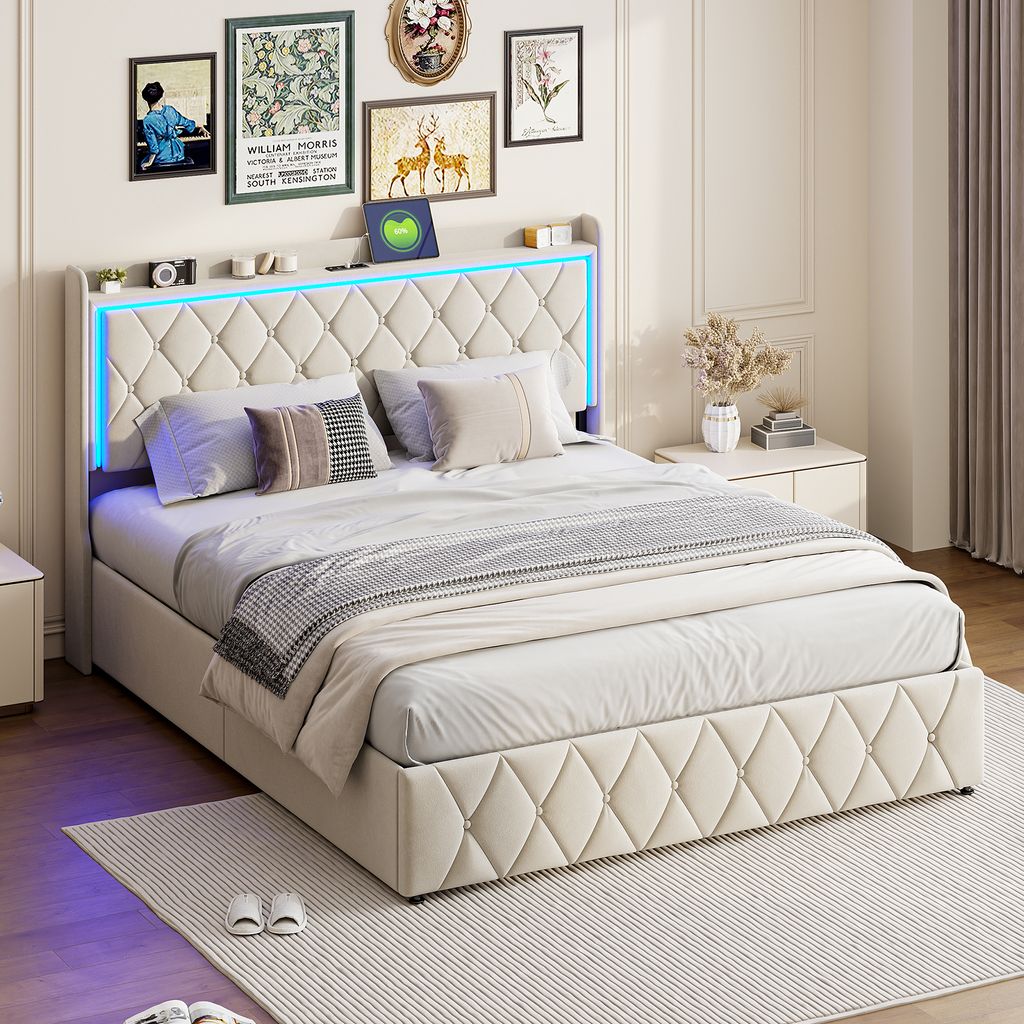Fortuna Lai Polsterbett mit LED-Licht & USB-Aufladung hydraulisches Doppelbett Boxspringbett Holzbett 140x200cm Stauraumbett Samt Beige
