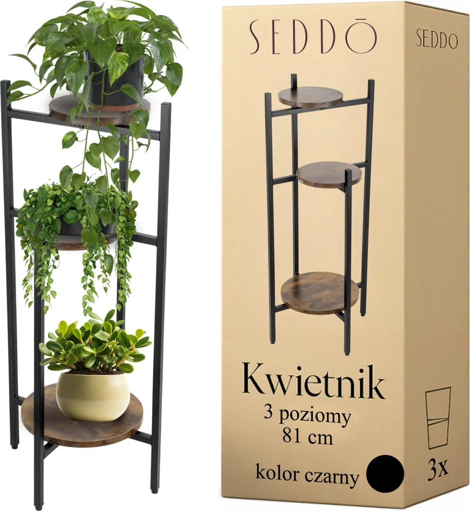 Étagère porte-plante bois et métal noir - Support fleurs intérieur 70cm