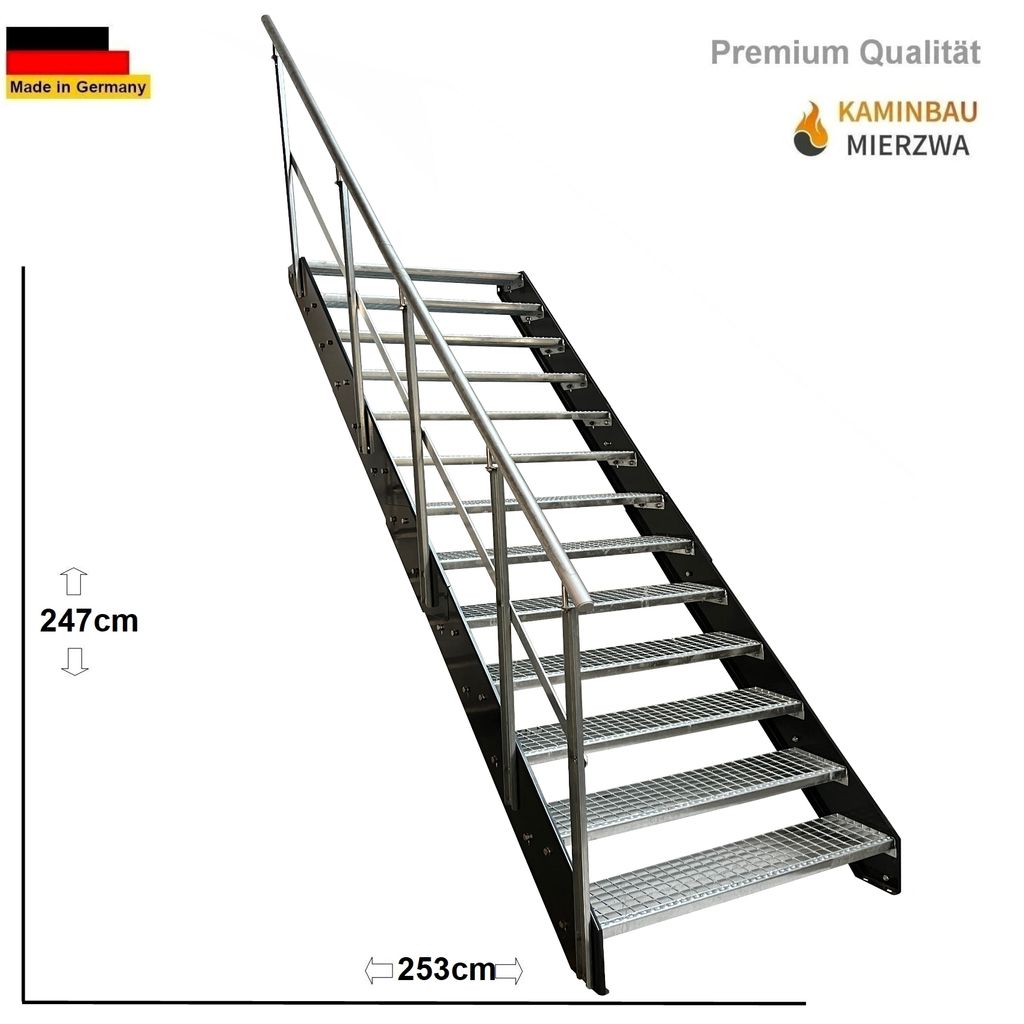 Stahl Wangentreppe Gitterroststufen 13 Stufen Geländer Links - Verzinkt & Anthrazit pulverlackierten Wangen - (B x H x T) 120 x 247 x 253 cm